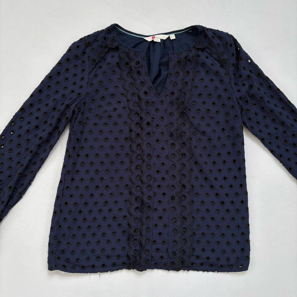 Boden Women’s 2 Eyelet Blouse Scallop Shirt Navy Blue & Black Office Career